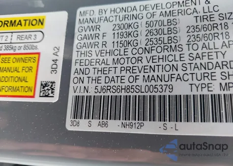 2025 Honda Cr-V Hybrid Sport-L from USA, damaged, VIN 5J6RS6H85SL005379